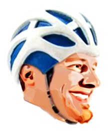 Bubble-Head Figur des Unternehmers C. Eckhardt auf einem Fahrrad